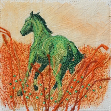 Stoney Creek horse: dye-na-flow, machine and hand embroidery, machine couching